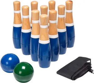 13-Piece Wood Bowling Set - Indoor/Outdoor Bowling Game for Adults and Kids Ages 3 and Up - 10 Wood Pins, 2 Balls, and Carrying Bag by Hey Play (Blue)
