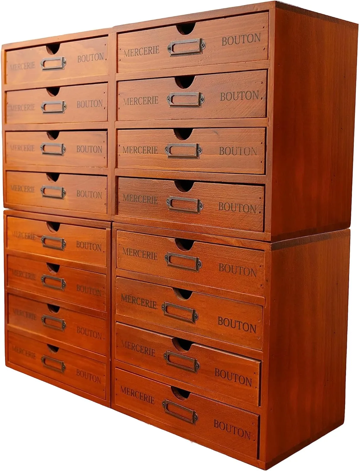 16-Drawer Wooden Storage Box (19.6”x6.89”x19.6”) VIntage Filing Cabinet in Walnut Wood - 16-Slot Wooden Desk Drawer Unit w/Label Holders & Handles - Multi Level Countertop Drawer Organizer