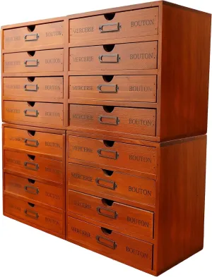 16-Drawer Wooden Storage Box (19.6”x6.89”x19.6”) VIntage Filing Cabinet in Walnut Wood - 16-Slot Wooden Desk Drawer Unit w/Label Holders & Handles - Multi Level Countertop Drawer Organizer
