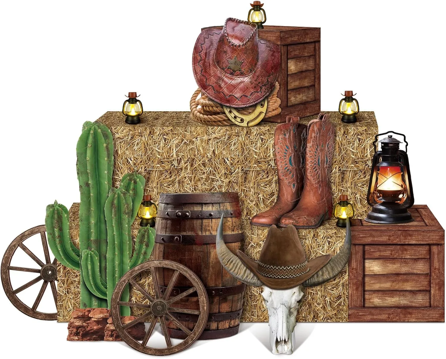 16 Pcs Cowboy Party Decorations Set 6 Hay Bales Boxes 2 Wood Print Boxes 2 Wood Wagon Wheels and 6 Western Cowboy Centerpieces Decor for Photo Booth Props Cowboy Birthday Farm Party Favors