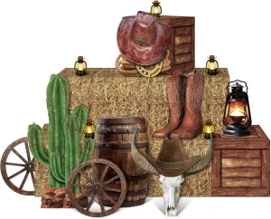 16 Pcs Cowboy Party Decorations Set 6 Hay Bales Boxes 2 Wood Print Boxes 2 Wood Wagon Wheels and 6 Western Cowboy Centerpieces Decor for Photo Booth Props Cowboy Birthday Farm Party Favors