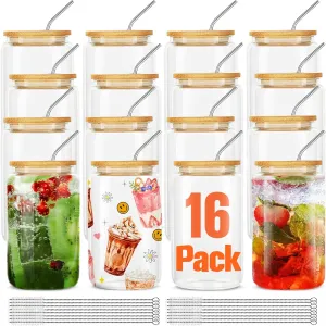 [16Pcs Set] Glass Cups With Bamboo Lids And Straws,16Oz Water Bottles Glass Jars Cups Drinking Glasses, Beer Glasses Ice Coffee Glasss For Juicing Coffee Soda Tea