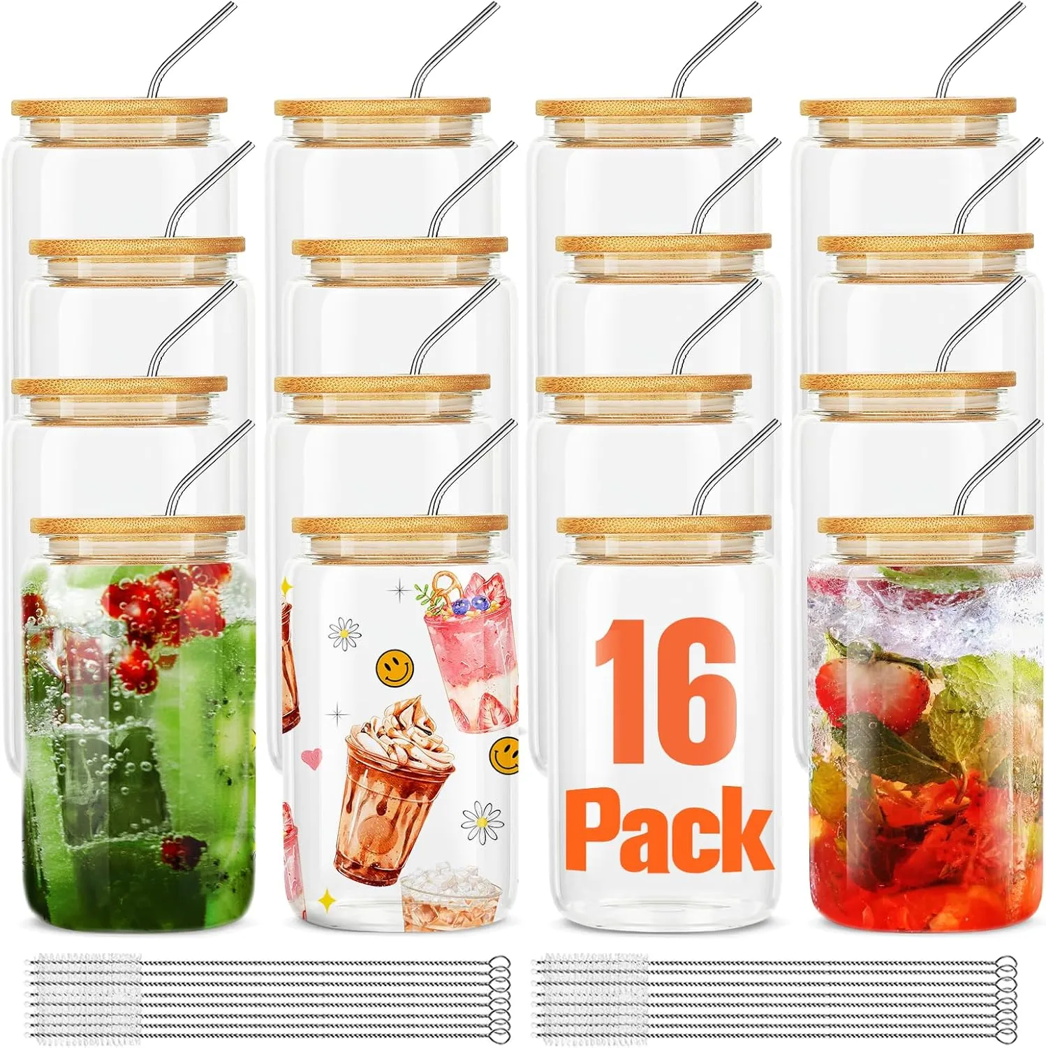 [16Pcs Set] Glass Cups With Bamboo Lids And Straws,16Oz Water Bottles Glass Jars Cups Drinking Glasses, Beer Glasses Ice Coffee Glasss For Juicing Coffee Soda Tea