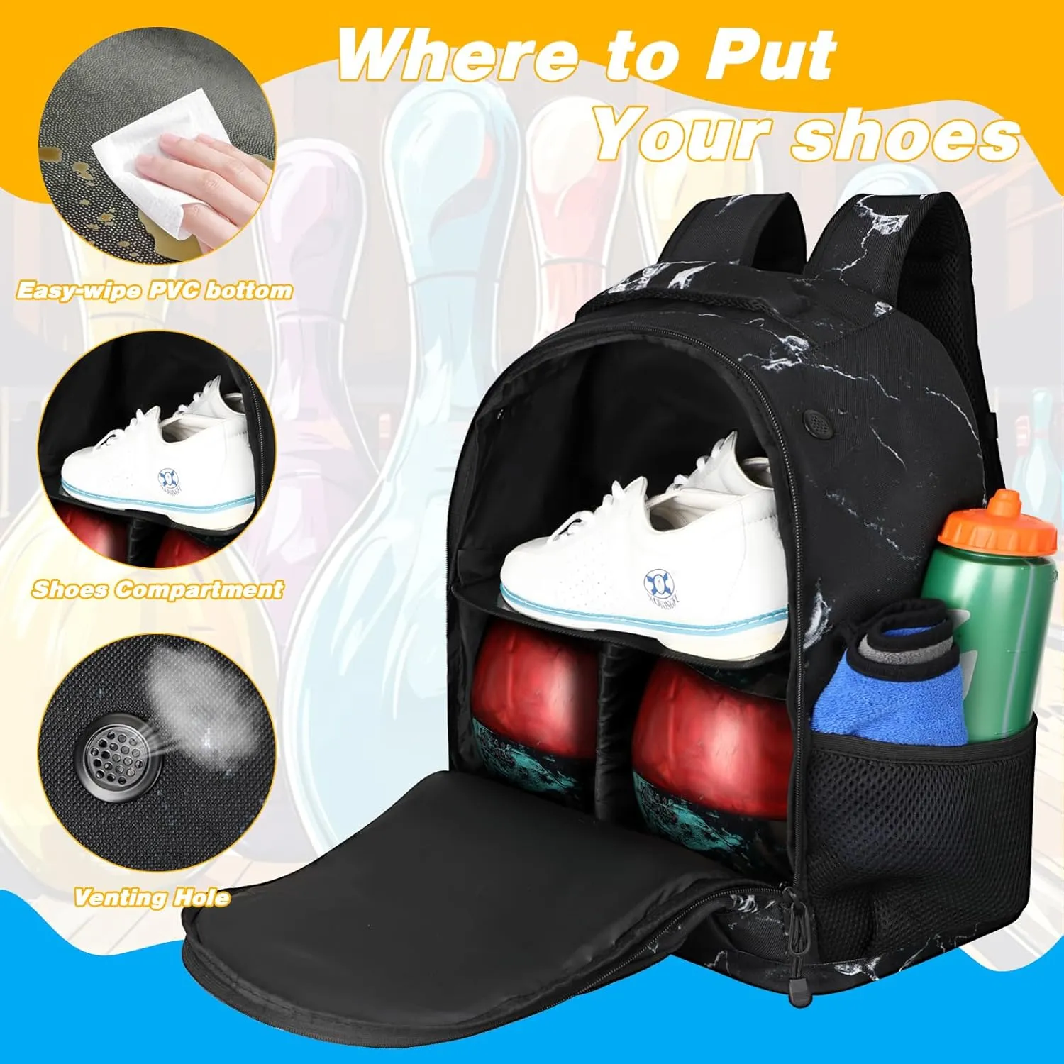 2 Ball Bowling Backpack,Bowling Ball Bag with Shoe Compartment & Portective Foam Padded, Fits Shoes Up to US Size 16