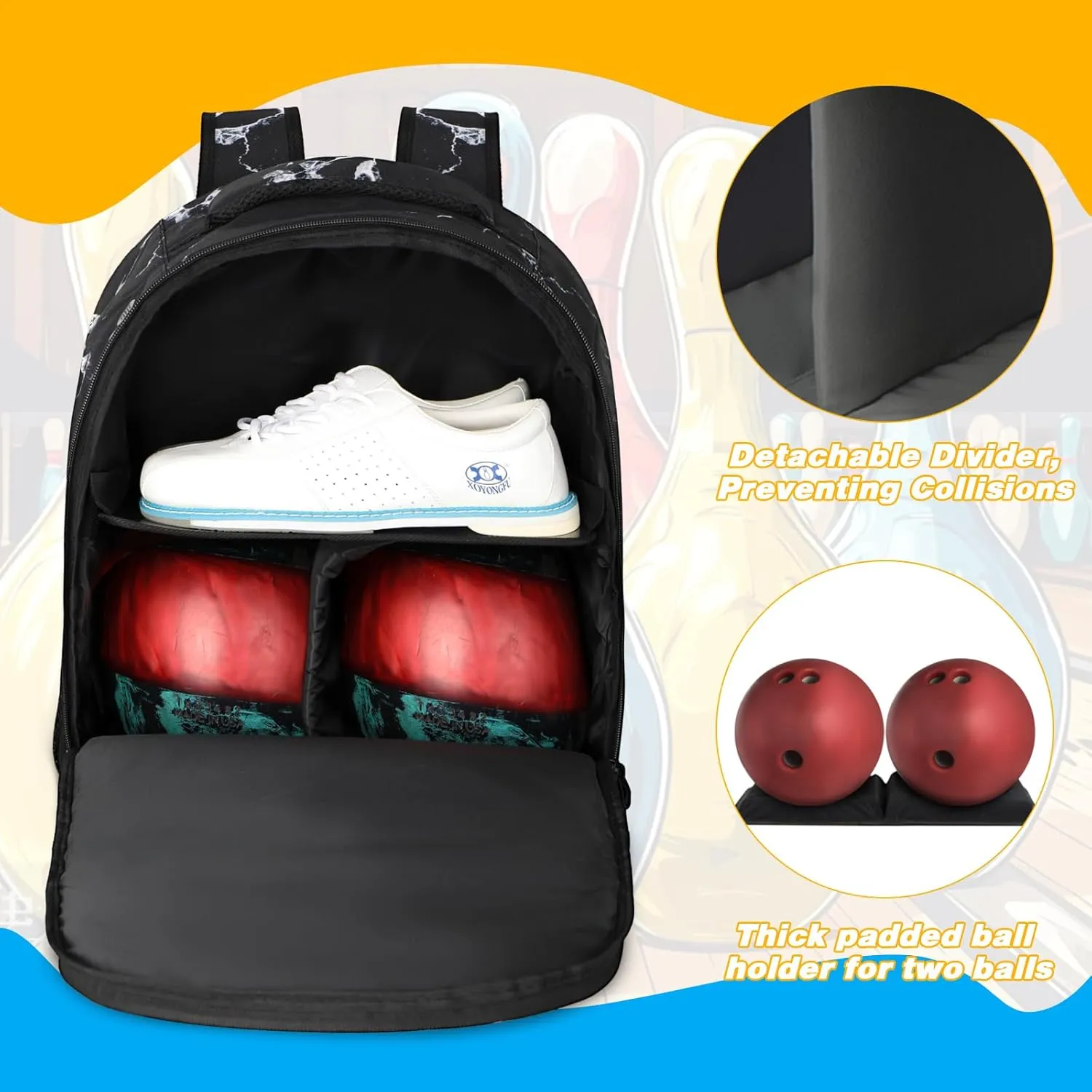 2 Ball Bowling Backpack,Bowling Ball Bag with Shoe Compartment & Portective Foam Padded, Fits Shoes Up to US Size 16