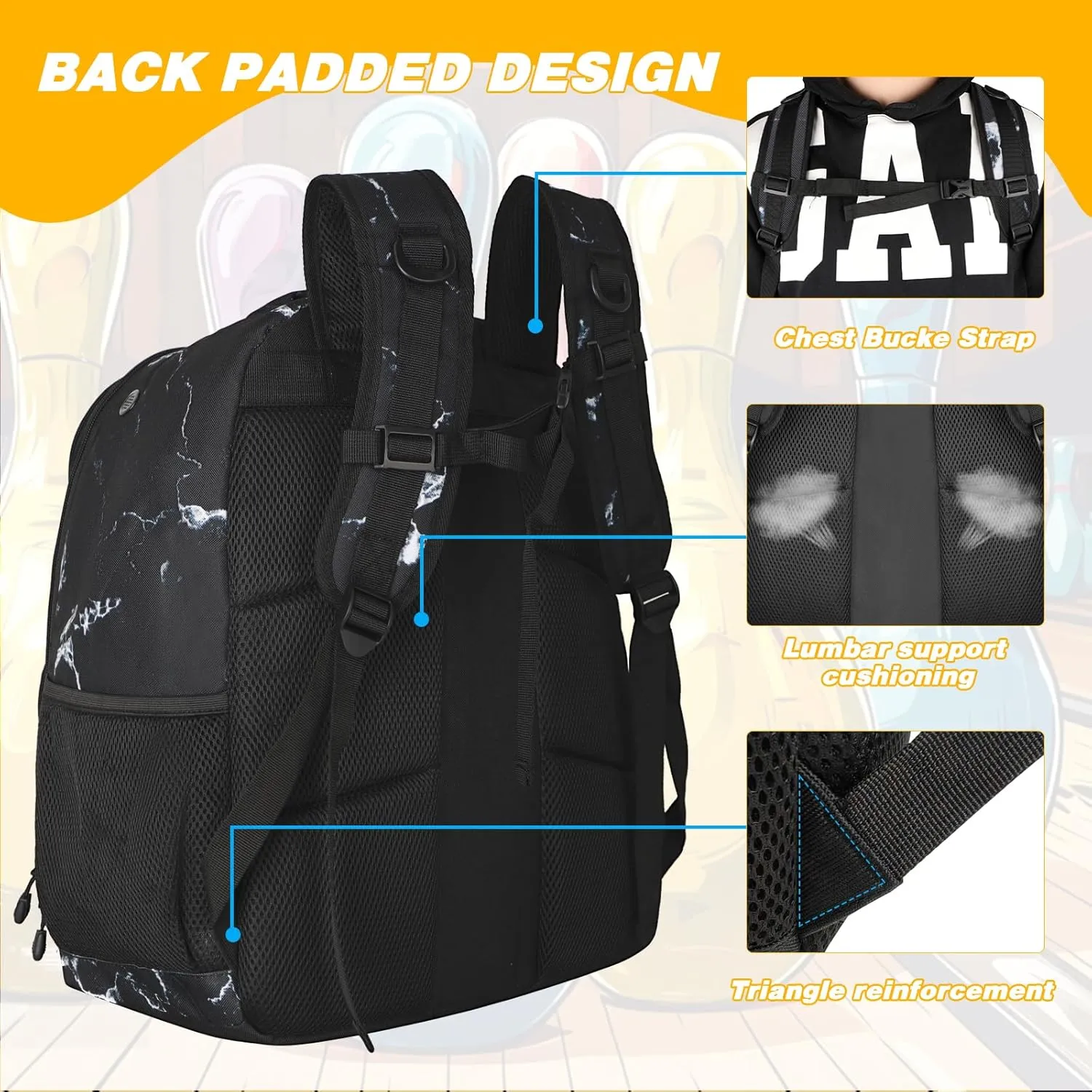 2 Ball Bowling Backpack,Bowling Ball Bag with Shoe Compartment & Portective Foam Padded, Fits Shoes Up to US Size 16