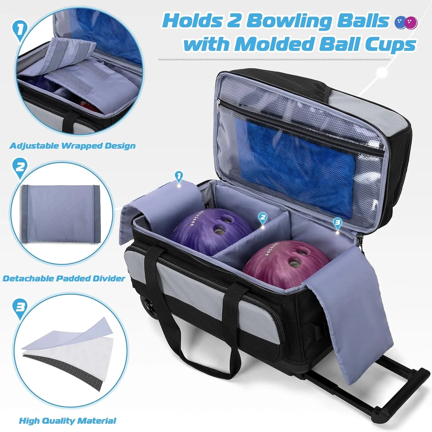 2 Bowling Ball Roller Bag with Large Shoes Compartment(Up To US Mens Size 16), Bowling Bag with Wheels, Retractable Handle (Extends to 40") and Multiple Functional Organizer Pockets