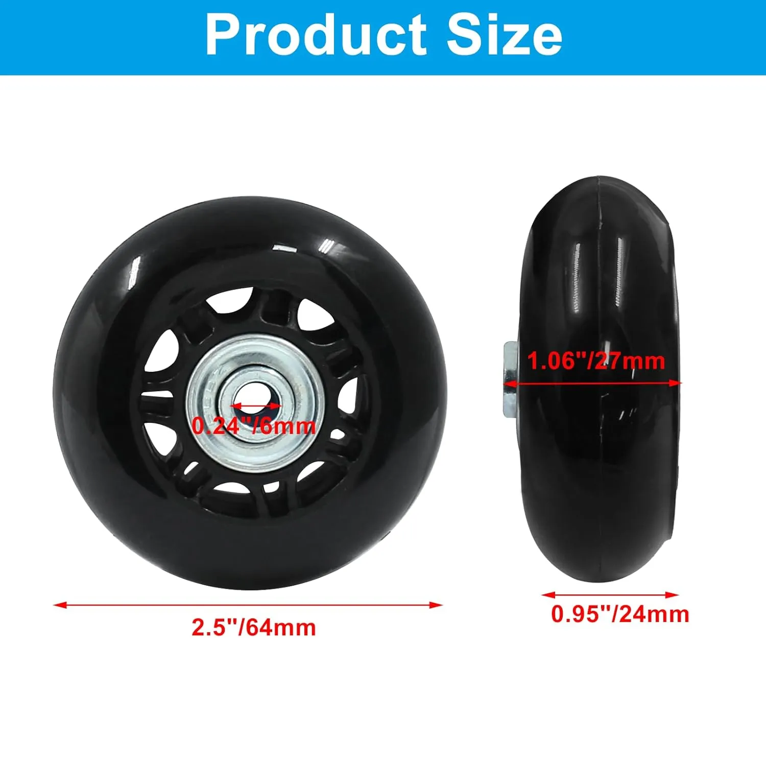 2 Pack 64mm x 24mm Suitcase Replacement Wheels Lnline Skate Wheels Travel Bags Caster Rubber Wheels Luggage Wheels with Accessories, Black
