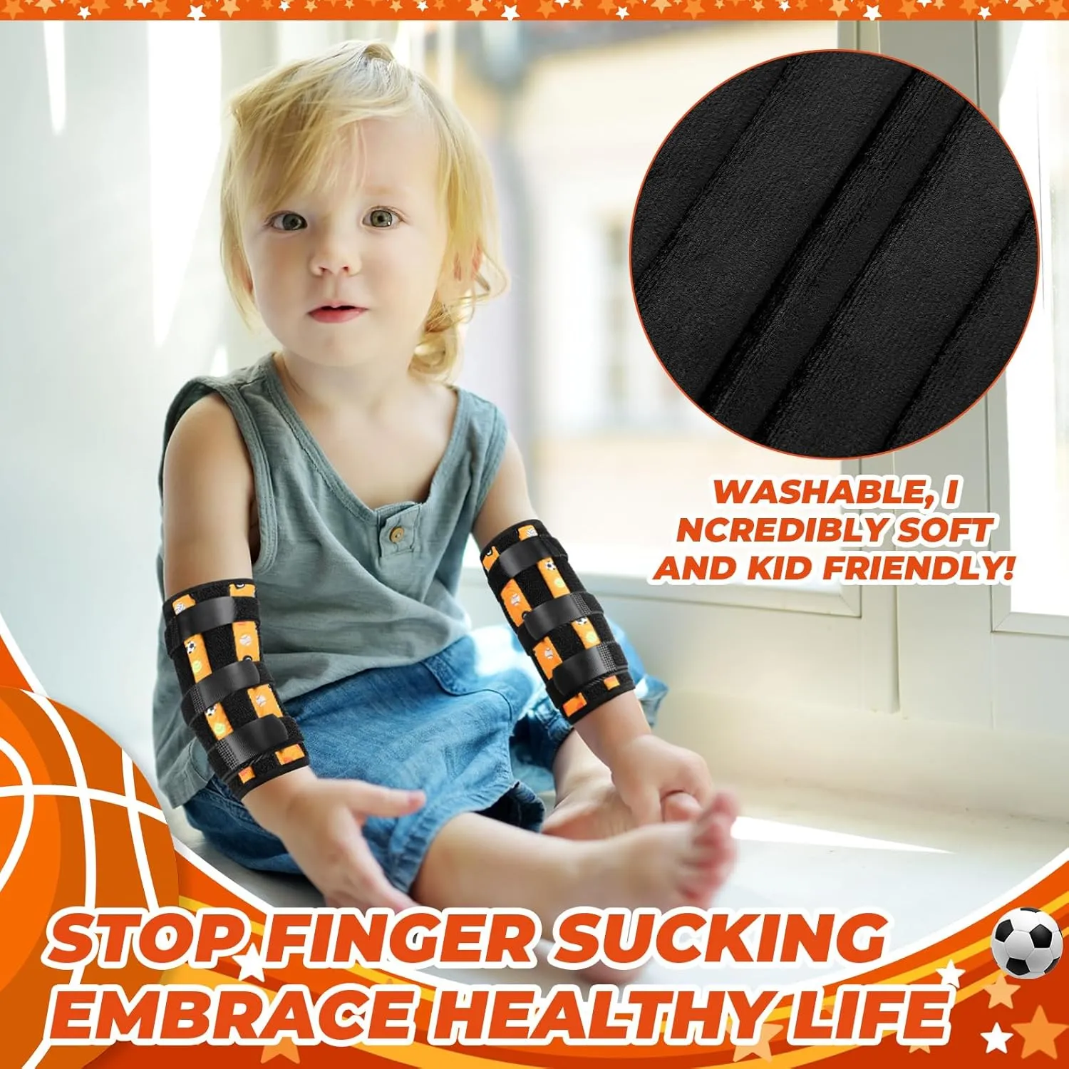 2 Pack Thumb Sucking Stop for Kids Toddlers Nail Biting Treatment Finger Sucking Deterrent Guard Prevention Anti Nose Picking Pediatric Elbow Immobilizer for Boys Girls 2-8 Years (Ball)
