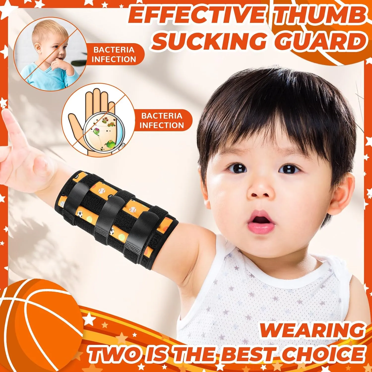 2 Pack Thumb Sucking Stop for Kids Toddlers Nail Biting Treatment Finger Sucking Deterrent Guard Prevention Anti Nose Picking Pediatric Elbow Immobilizer for Boys Girls 2-8 Years (Ball)