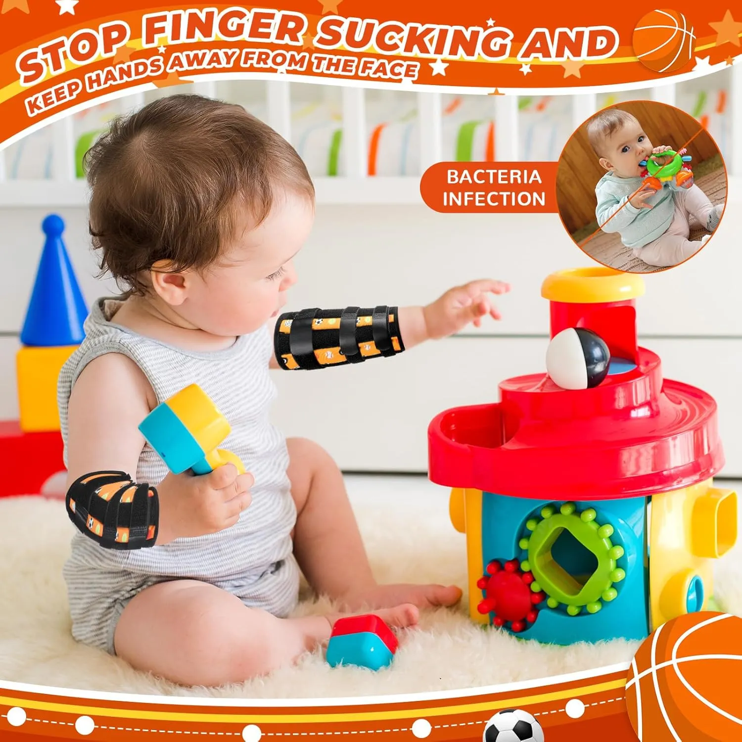 2 Pack Thumb Sucking Stop for Kids Toddlers Nail Biting Treatment Finger Sucking Deterrent Guard Prevention Anti Nose Picking Pediatric Elbow Immobilizer for Boys Girls 2-8 Years (Ball)