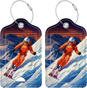 2 Pcs Luggage Tag for Suitcase, Ski Unique Leather Suitcase Tags with Full Privacy Cover Stainless Steel Loop for Women Men Travel Baggage Bag Backpack