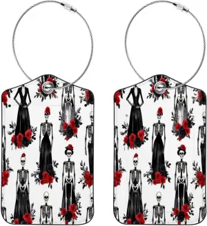 2 Pcs Luggage Tags, Dressed Skeleton Bride and Groom Prints PU Leather Luggage Tag with Privacy Flap Name ID Label for Suitcase Travel Bag Backpack