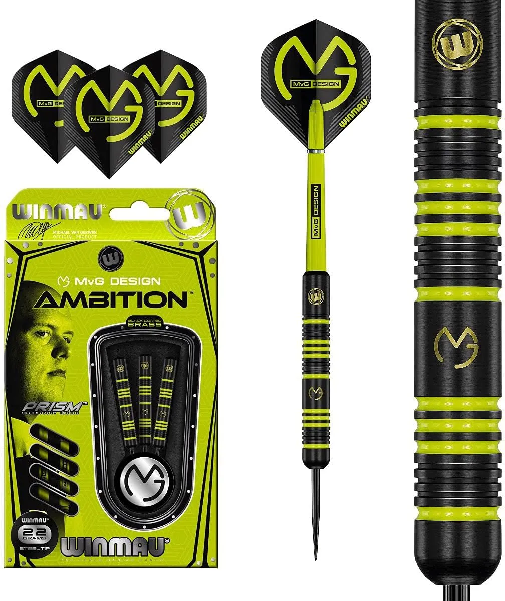 22 Gram Winmau Michael Van Gerwen Ambition Coated Brass Steel Tip Darts - MvG