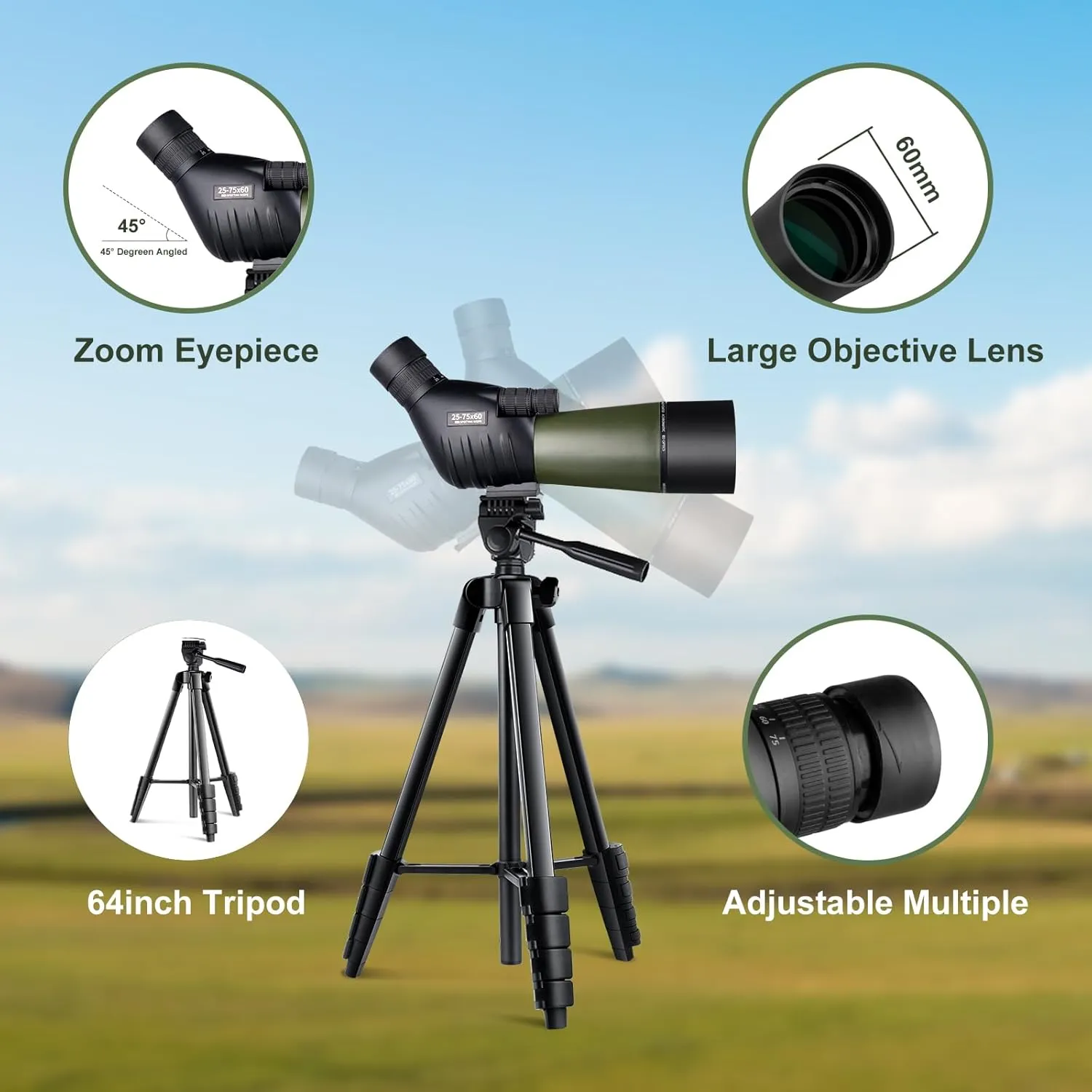 25-75x60 Spotting Scope with 64in Tripod, Carry Bag - Clear Low Light Vision Spotting Scopes - Fogproof Spotting Scopes for Target Shooting, Hunting, Birding, Wildlife Viewing (Green)
