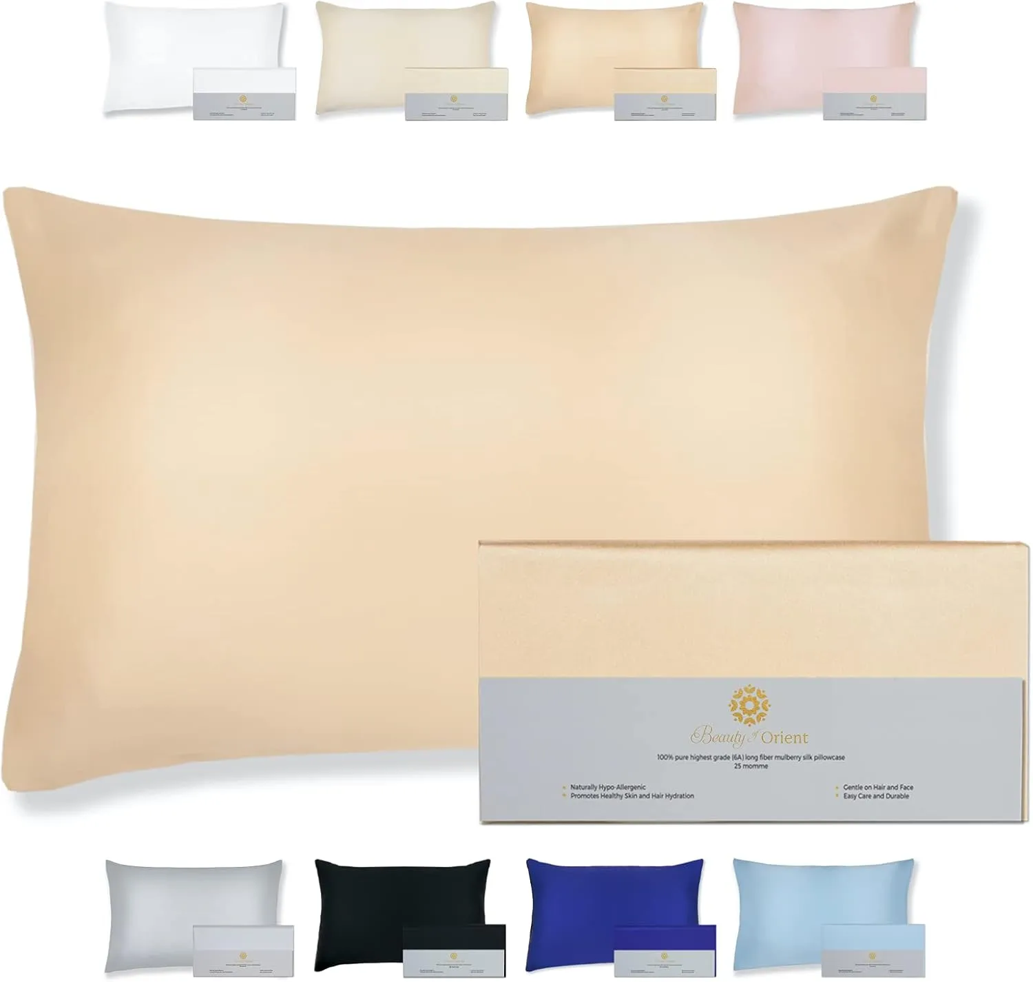 25 Momme Premium Mulberry Silk Pillowcase for Hair and Skin | Handcrafted Hypoallergenic & Anti-Acne Silk Pillow Cases with Zipper | King - 20" x 36", Champagne