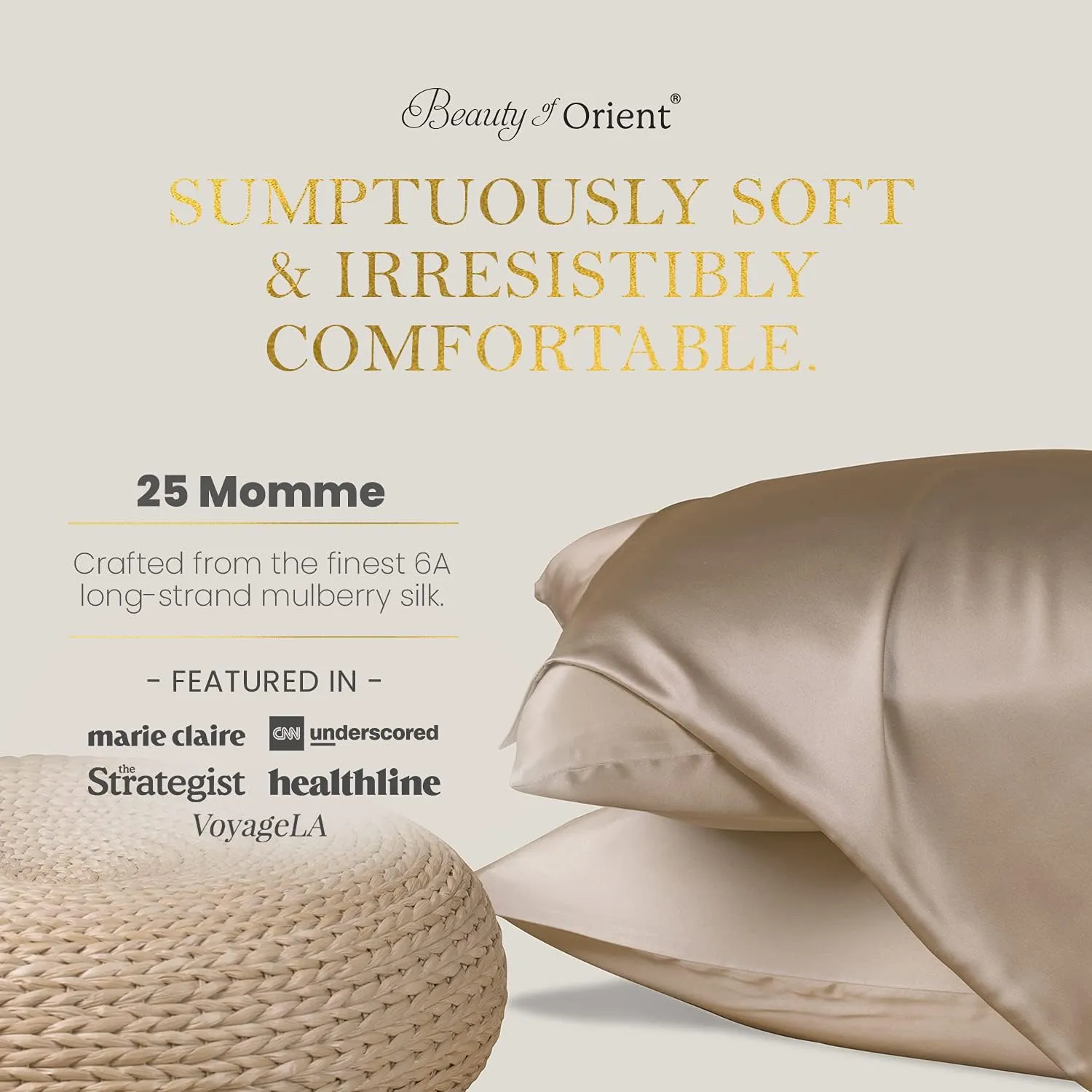 25 Momme Premium Mulberry Silk Pillowcase for Hair and Skin | Handcrafted Hypoallergenic & Anti-Acne Silk Pillow Cases with Zipper | King - 20" x 36", Champagne