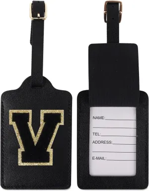 2Pack Initial Letter Luggage Tag, Cute Luggage Bag, PU Leather Travel Luggage Tag, Monogrammed Suitcase Tags for Handbags, School Bags (2 Black-Black V)