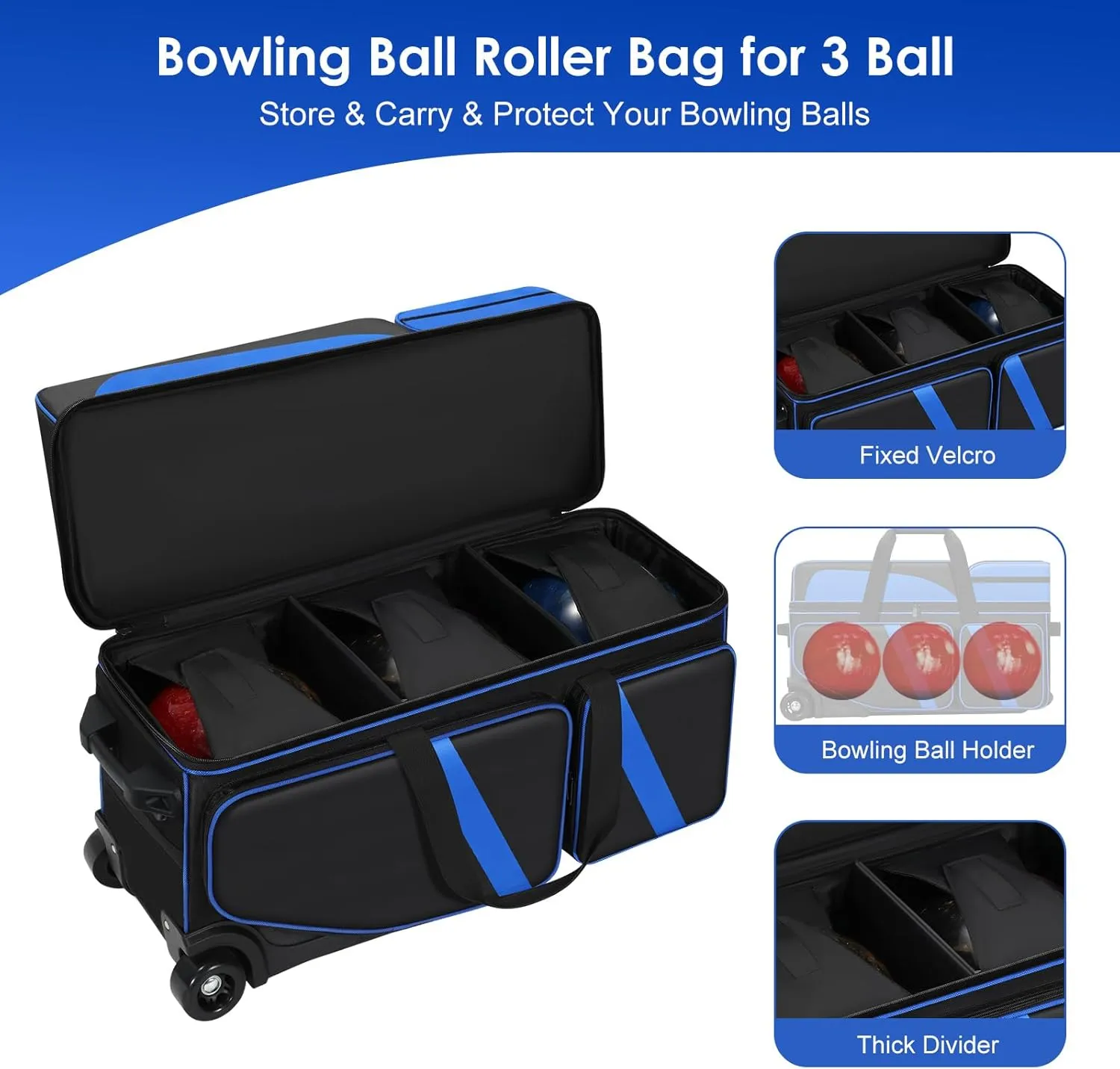 3 Ball Bowling Roller Bag with Wheels, Rolling Bowling Bag 3 Ball Roller with Shoe Compartment (Fits Up to Size 16), with Multi-pocket and Retractable Handle Extends to 41.5"
