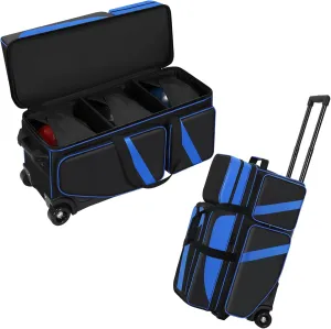 3 Ball Bowling Roller Bag with Wheels, Rolling Bowling Bag 3 Ball Roller with Shoe Compartment (Fits Up to Size 16), with Multi-pocket and Retractable Handle Extends to 41.5"