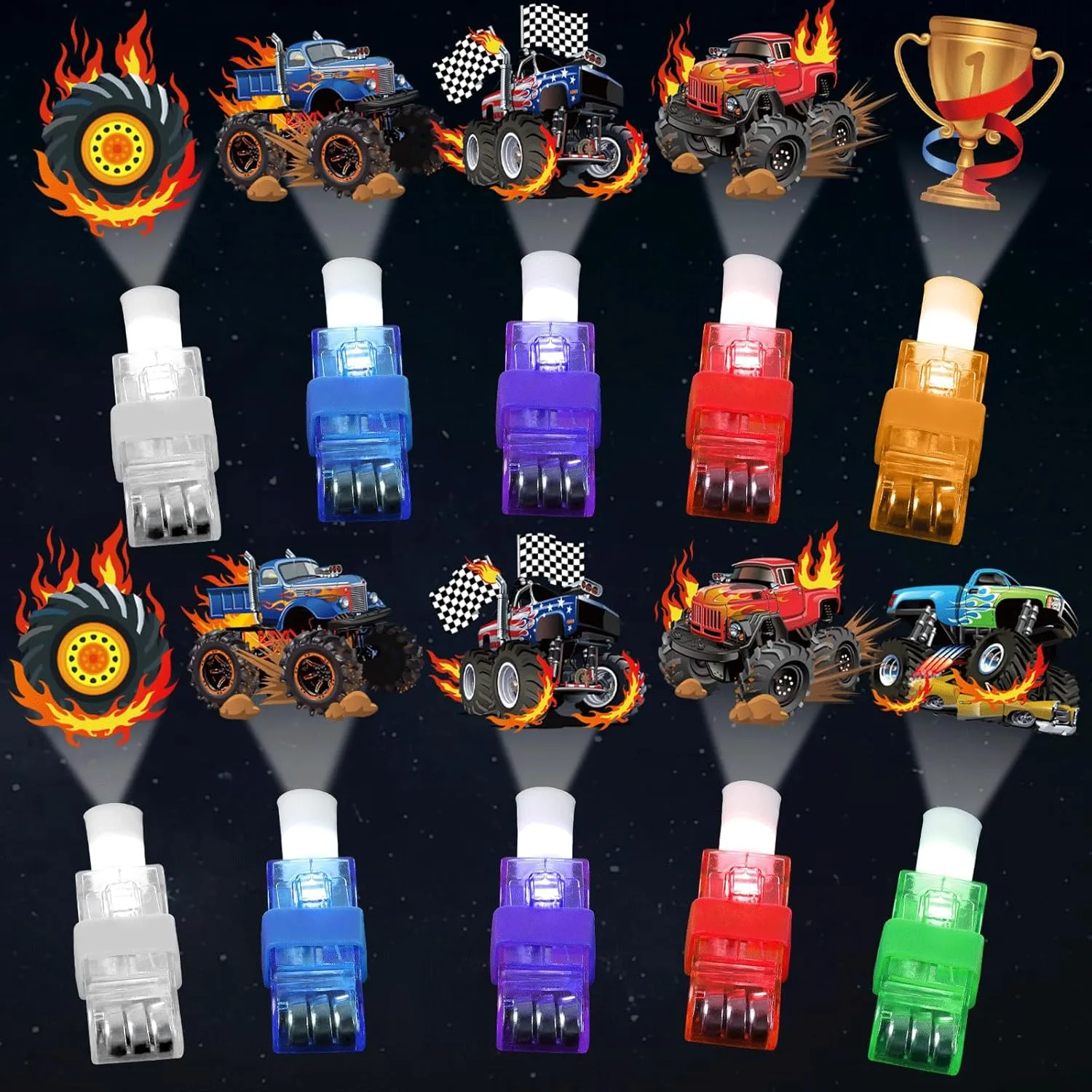 36 PCS Monster Truck Party Favors LED Light Up Finger Lights, Glow in the Dark Racing Cars Party Finger Flashlights Bulk for Trucks Wheels Goodie Treat Bags Stuffers Truck Toys Birthday Party Supplies