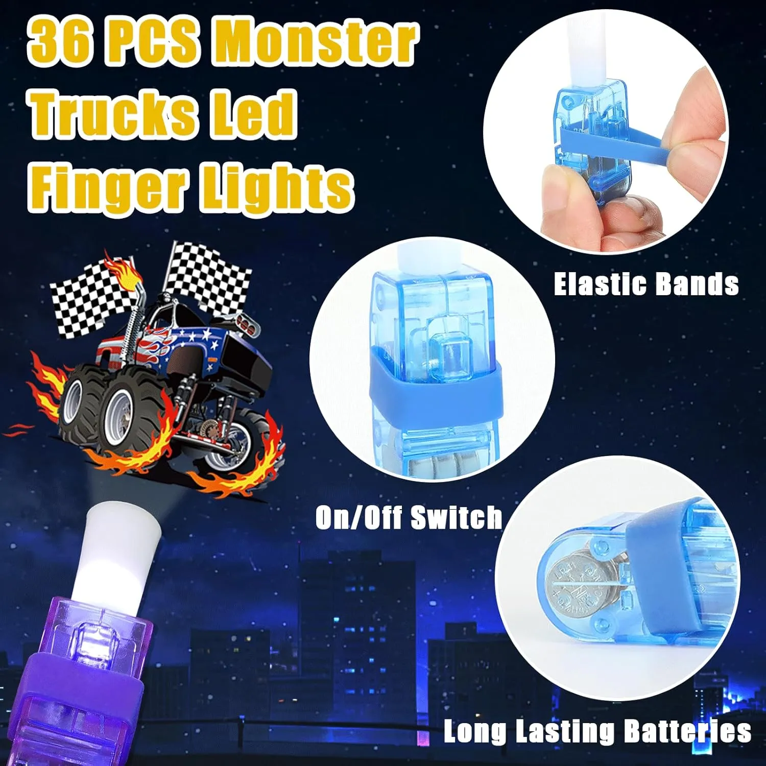36 PCS Monster Truck Party Favors LED Light Up Finger Lights, Glow in the Dark Racing Cars Party Finger Flashlights Bulk for Trucks Wheels Goodie Treat Bags Stuffers Truck Toys Birthday Party Supplies
