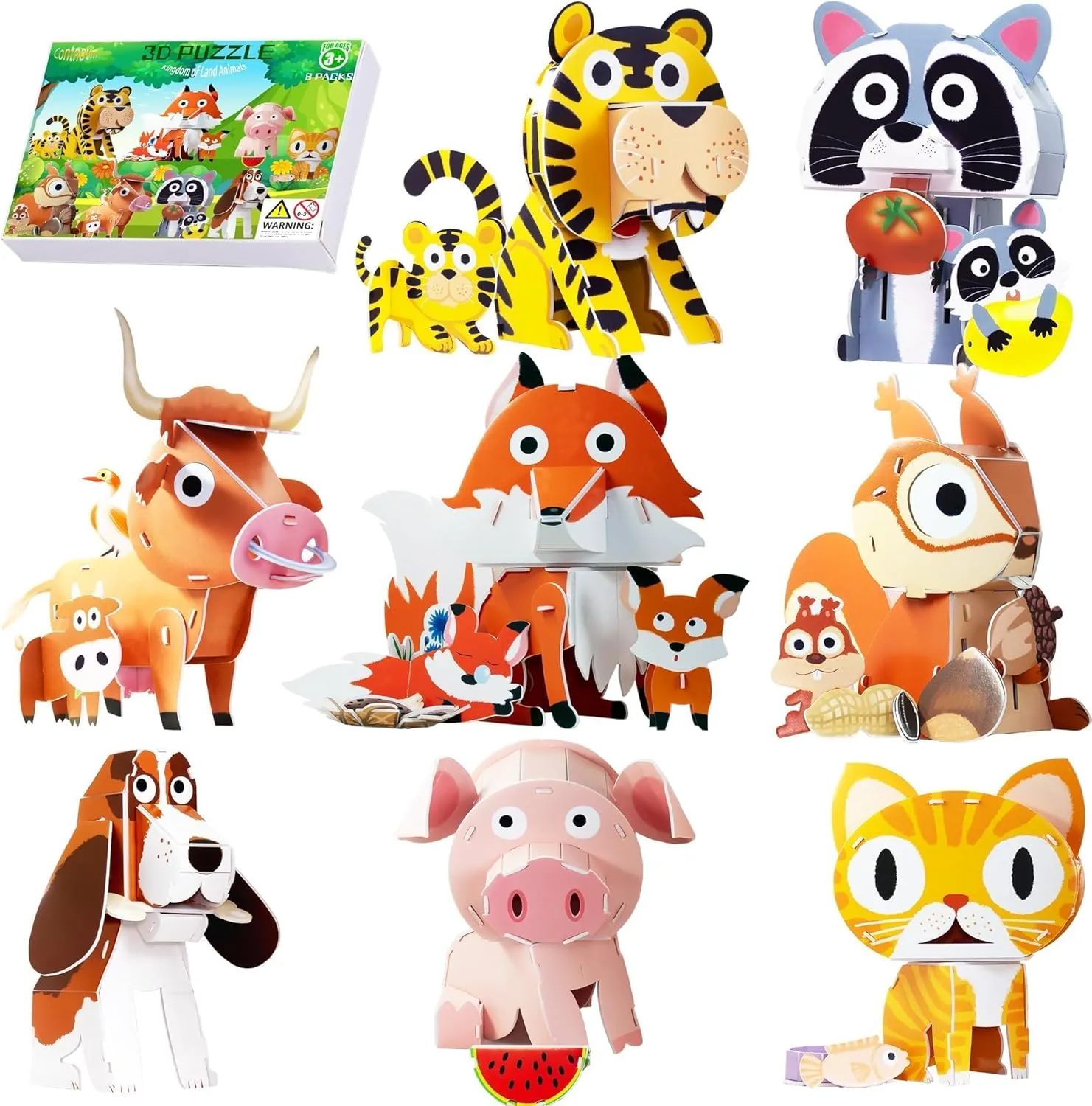 3D Cartoon Puzzle for Kids Aged 4-12 | Educational Toy for Children | New Year and Festival Gifts | 8-Piece Set of Land Animals