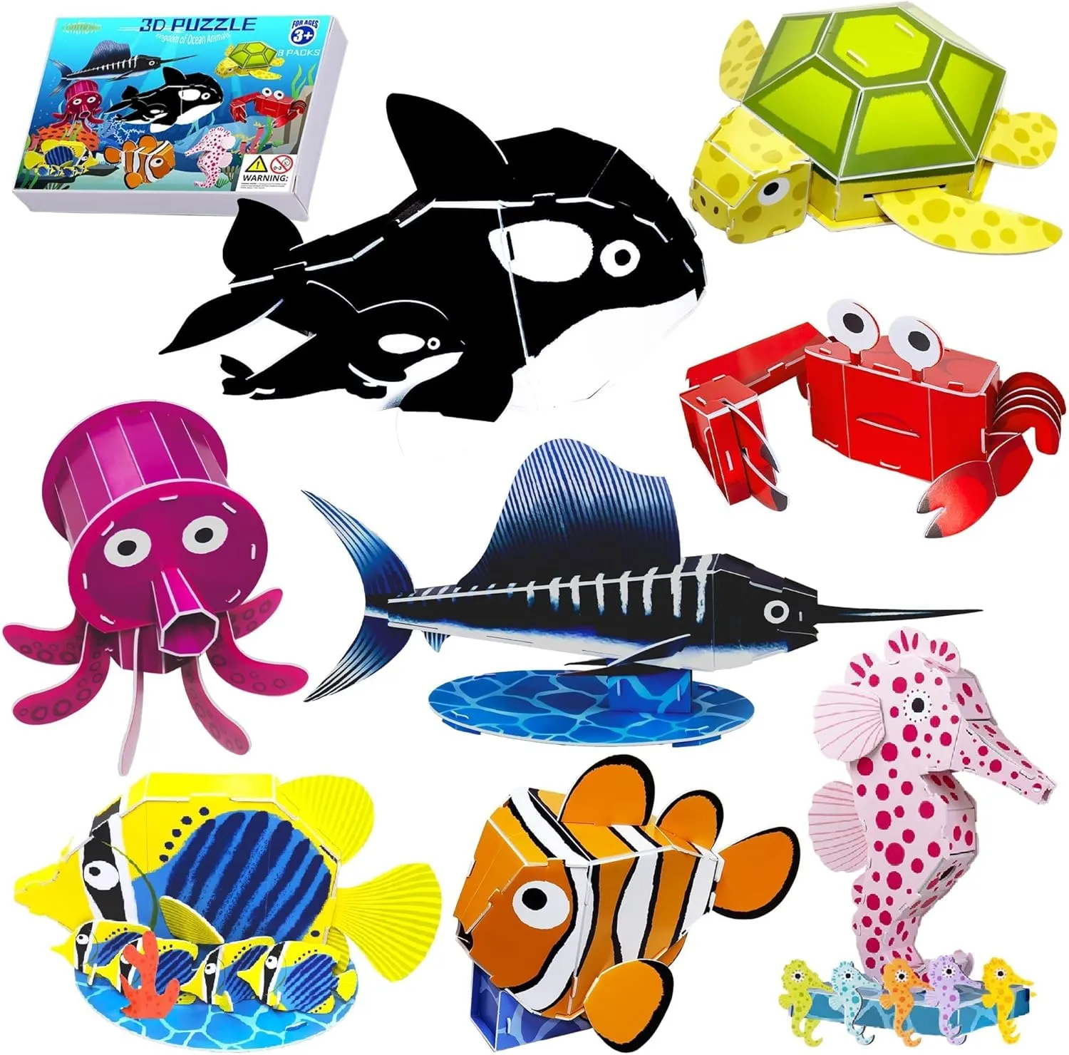 3D Cartoon Puzzle for Kids Aged 4-12 | Educational Toy for Children | New Year and Festival Gifts | 8-Piece Set of Ocean Animals