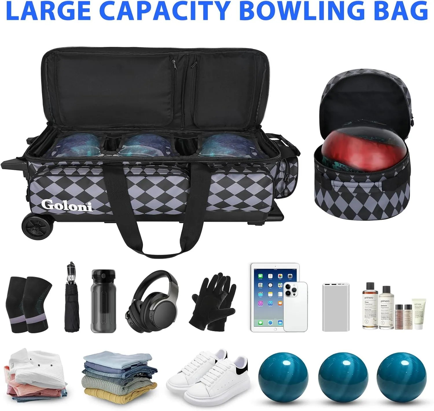 4 Ball Bowling Bags with Wheels,3 Ball Bowling Bag   1 Ball Tote,Separate Shoe Compartment for Shoes (Up To US Men Size 16)