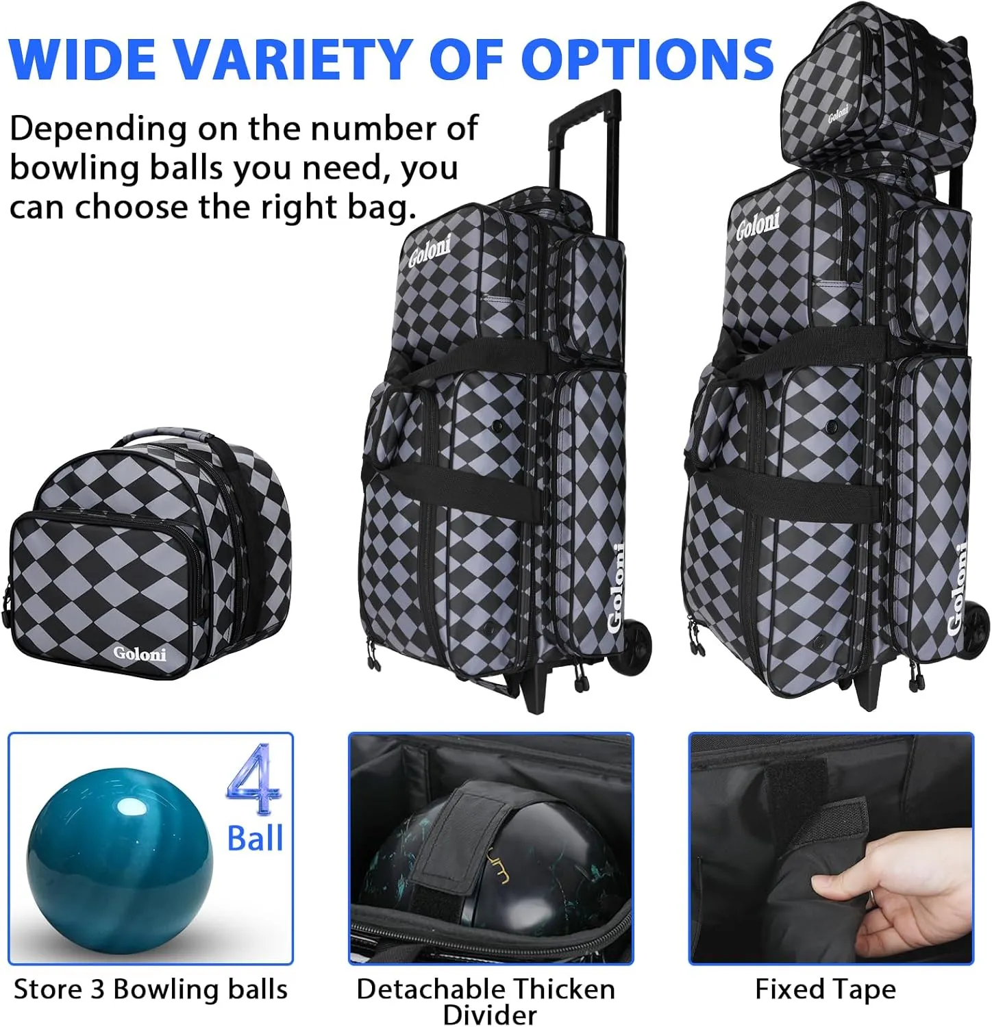 4 Ball Bowling Bags with Wheels,3 Ball Bowling Bag   1 Ball Tote,Separate Shoe Compartment for Shoes (Up To US Men Size 16)