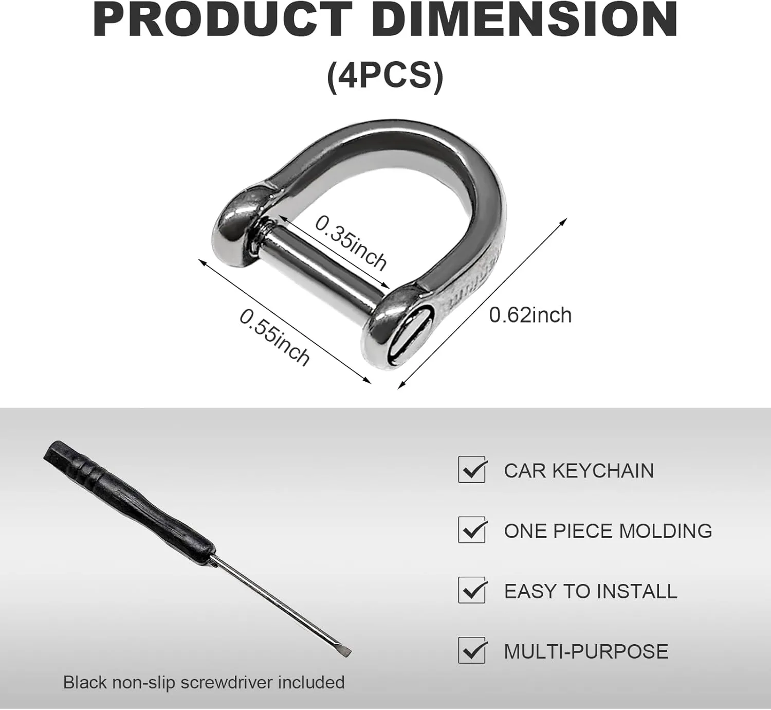 4 PCS D-Rings with Screw Shackle, 16 * 14 * 9mm Titanium Horseshoe D Ring Keyring with Screwdriver, Tiny DIY Purse Keychain Ring (Silver)