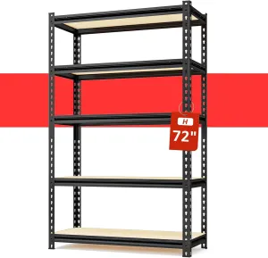 5-Tier Adjustable Metal Storage Shelves, Heavy Duty Garage Shelving 72" H x 36" W x 16" D, Shelving Unit Rack for Kitchen, Classroom, Dormitory, Basement & Warehouse (Black)