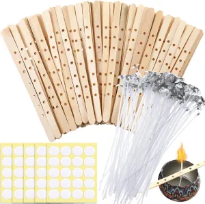 50 Pieces Wooden Candle Wick Holder,100 Pieces 6 inch Candle Wick and 100 Pieces Candle Wick Sticker, Candle Wick Centering Device, Candle Wick Bars for DIY Candle Making Wick Clips Centering Tool