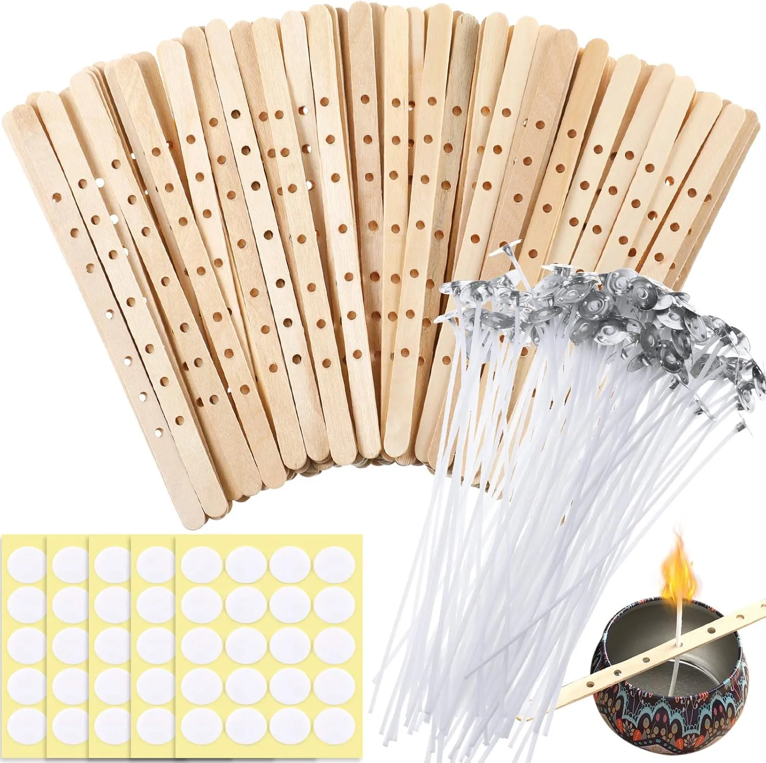 50 Pieces Wooden Candle Wick Holder,100 Pieces 6 inch Candle Wick and 100 Pieces Candle Wick Sticker, Candle Wick Centering Device, Candle Wick Bars for DIY Candle Making Wick Clips Centering Tool