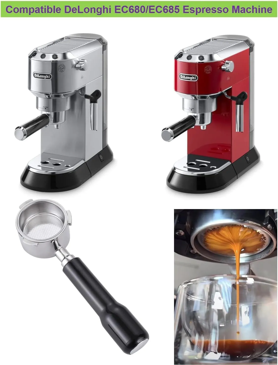 51mm Bottomless Portafilter Compatible with DeLonghi EC680 and EC685 Espresso Machine Stainless Steel Portafilter Along with Espresso Filter Basket Coffee Bottomless ABS Plastic