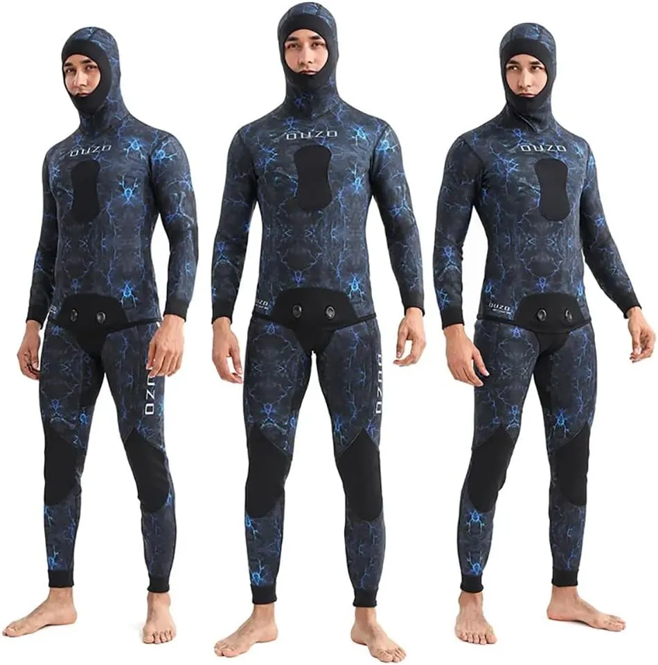 5MM Neoprene Spearfishing Wetsuit with Hooded, 2 Pieces Camouflage Hunting Diving Suit with Loading Chest Pad for Cool Water Freediving Snorkeling Swimming