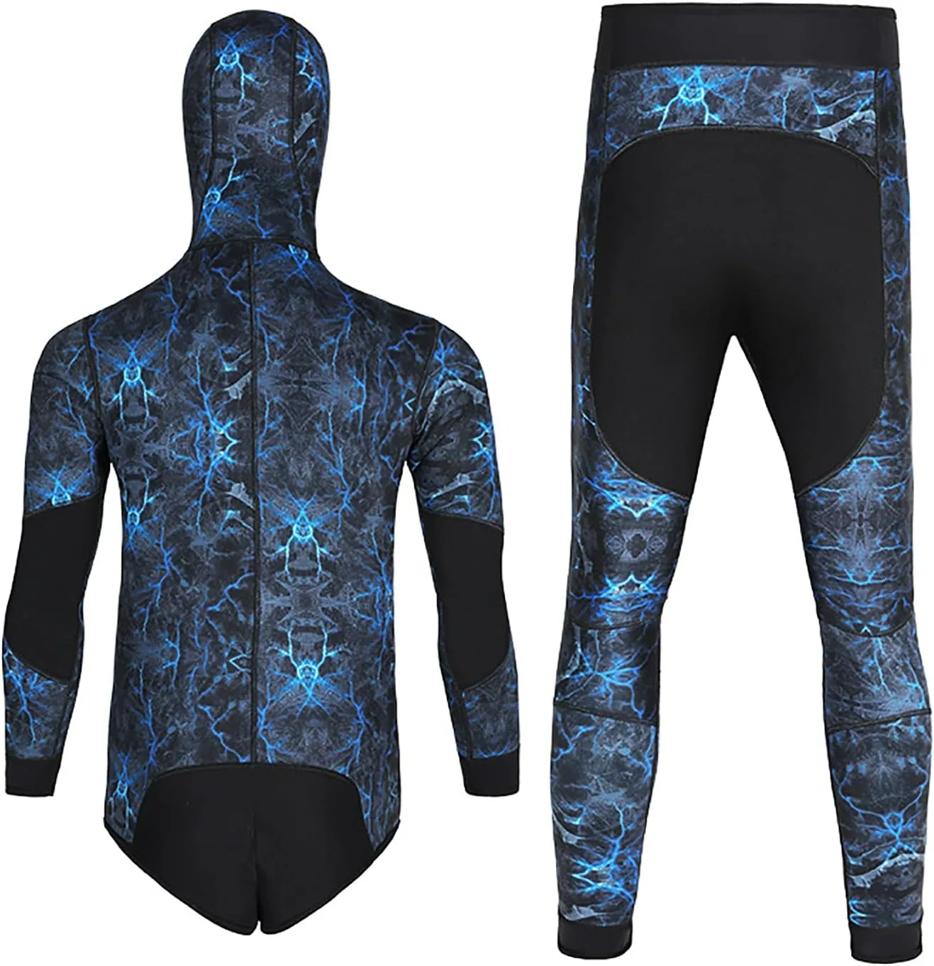 5MM Neoprene Spearfishing Wetsuit with Hooded, 2 Pieces Camouflage Hunting Diving Suit with Loading Chest Pad for Cool Water Freediving Snorkeling Swimming