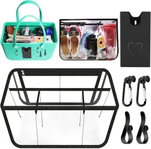 6 PCS Beach Bag Organizer Accessories for Bogg Bag X Large Storage Bag with Phone Holder and Hooks Carabiner Key Holder for Organizing and Divide Space (Black Organizer Set)