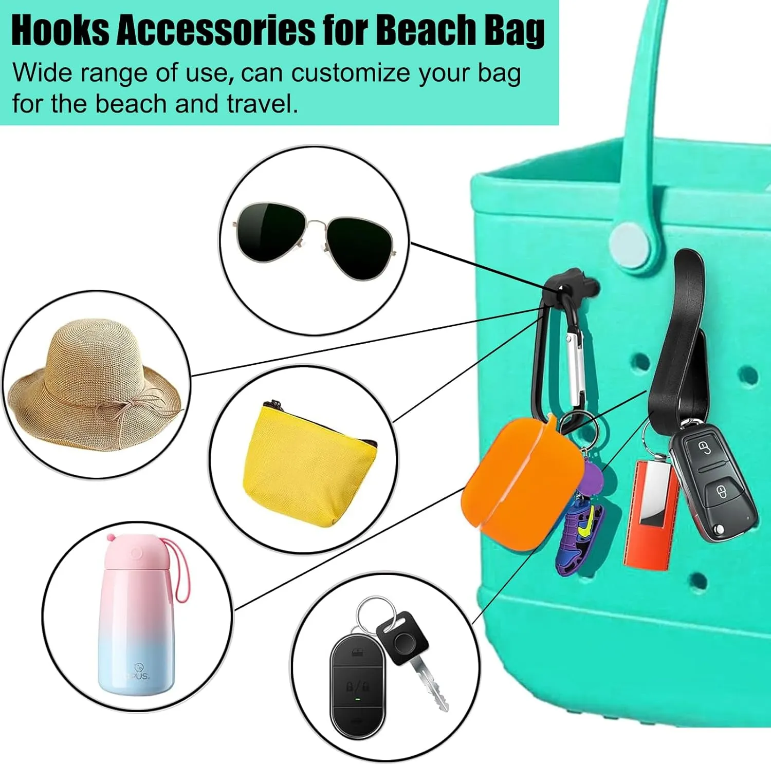 6 PCS Beach Bag Organizer Accessories for Bogg Bag X Large Storage Bag with Phone Holder and Hooks Carabiner Key Holder for Organizing and Divide Space (Black Organizer Set)