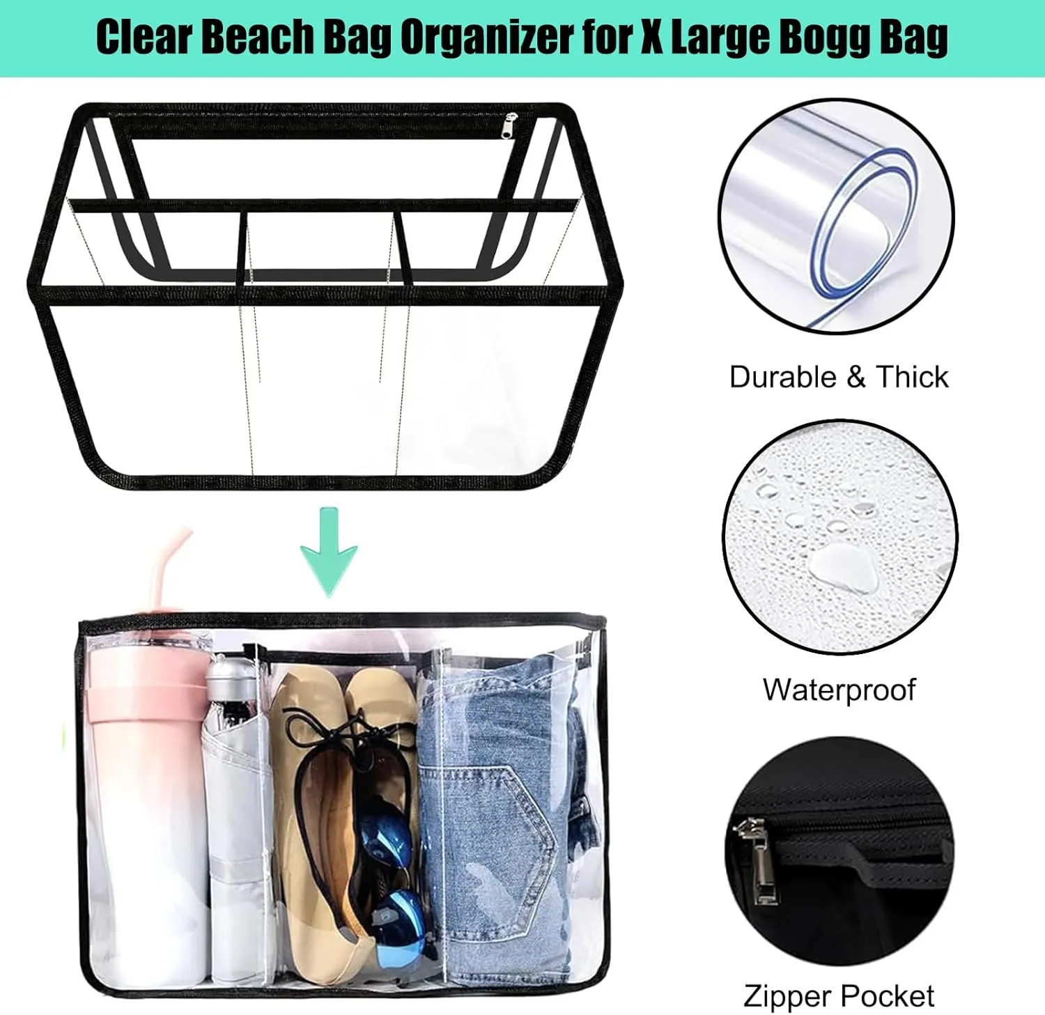 6 PCS Beach Bag Organizer Accessories for Bogg Bag X Large Storage Bag with Phone Holder and Hooks Carabiner Key Holder for Organizing and Divide Space (Black Organizer Set)