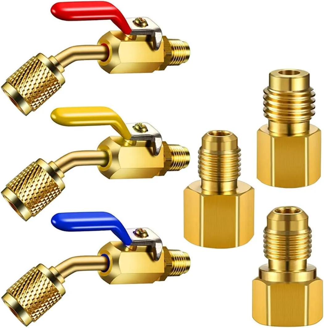 6 Pieces Air Conditioning Refrigerant Angled Compact Ball Valve 1/4 Inch for R410A R134A R12 R22 AC HVAC Refrigerant Tank Adapter 6014 Vacuum Pump Adapter, r134a ac gauges with ball valve