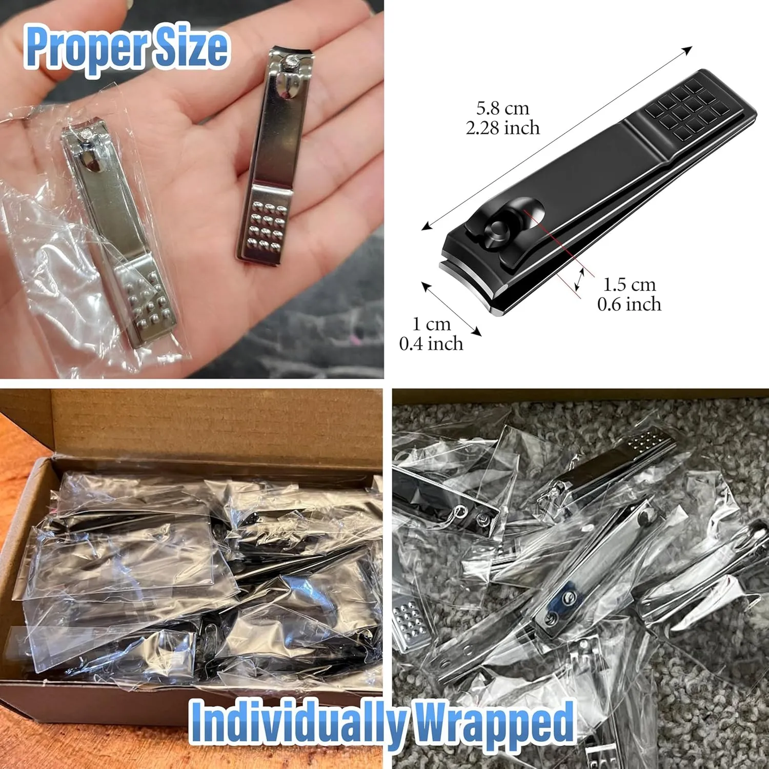 60-Pack Fingernail Nail Clippers in Bulk, Individually Wrapped Nail Clippers Pack Ultra Sharp Nail Cutter Set Curved Edge, Flat Nail Clipper Bulk for Men Seniors Homeless Care (Black)
