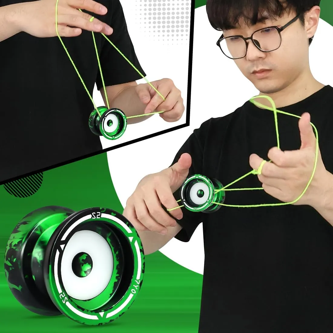 7YO S2 Kids Yoyo Professional Trick Yoyo for Beginner, Dual Purpose Yo-yo with POM Finger Spin Dimple for Adult with 10 Strings, KK Bearing, Bearing Puller, Axle, Case