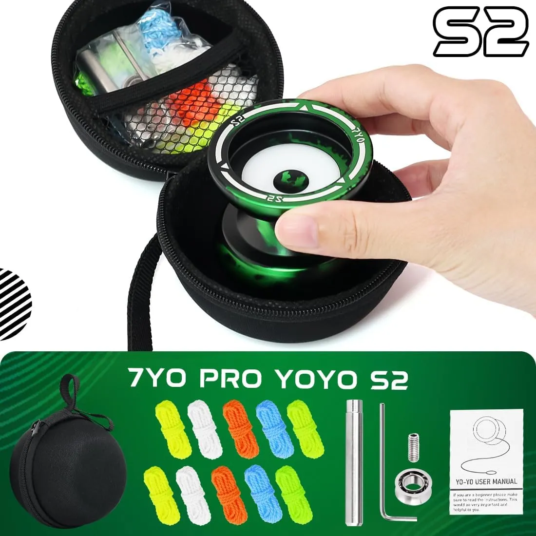 7YO S2 Kids Yoyo Professional Trick Yoyo for Beginner, Dual Purpose Yo-yo with POM Finger Spin Dimple for Adult with 10 Strings, KK Bearing, Bearing Puller, Axle, Case