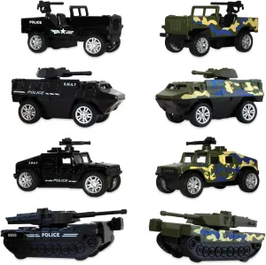 8 Pack diecast Military Toy Vehicle Set, 4 Green Camouflage Army Tanks 4 Black Urban SWAT Police Toys, Tank, Humvee, Jeep, Armored Personnel Carrier playset, Police Toys, Army Toys, Military Toys