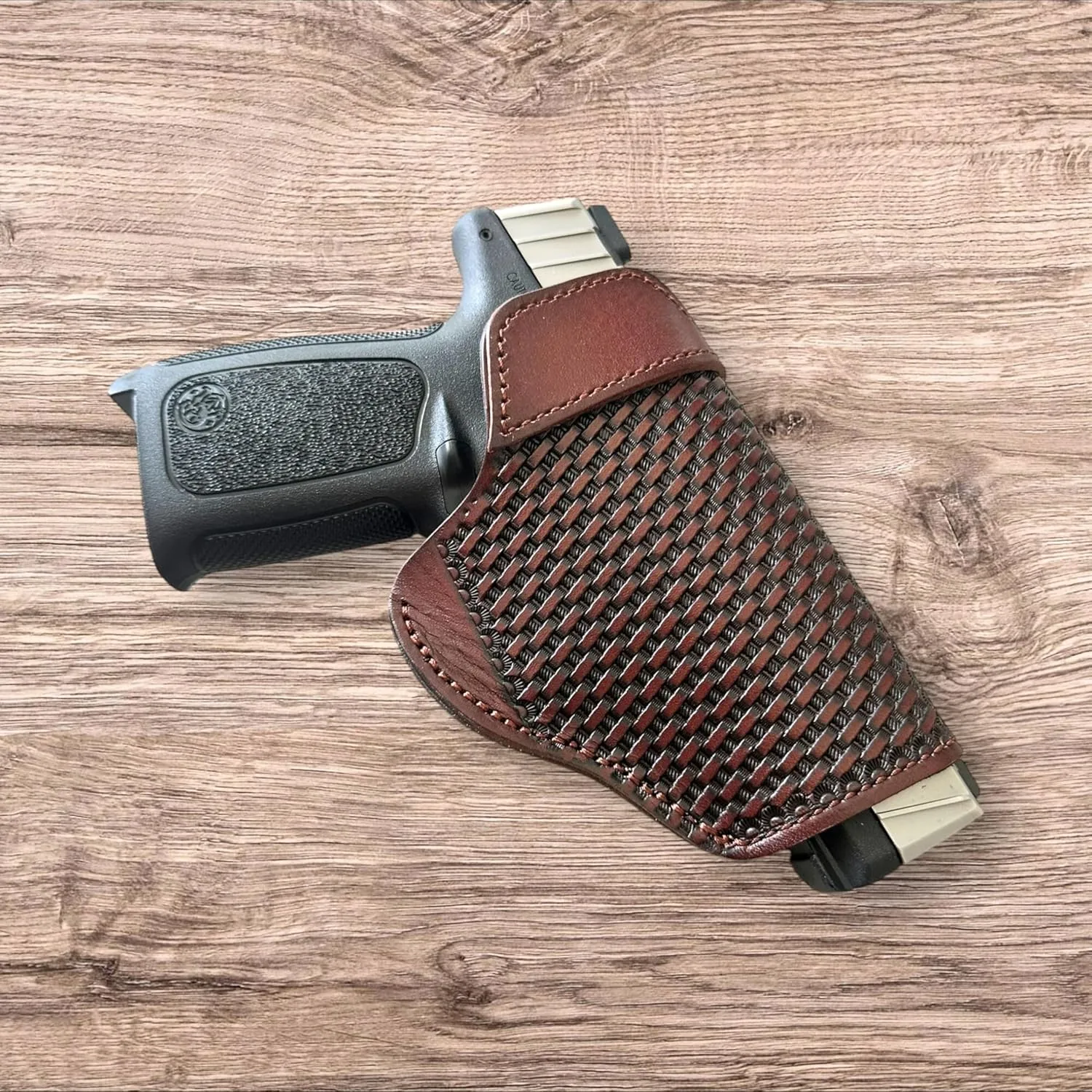 9mm Leather Pistol Belt Holster Basketweave Embossed Handcrafted OWB Concealed Carry Holder Custom Molded Pancake Design for Secure Fit & Quick Draw