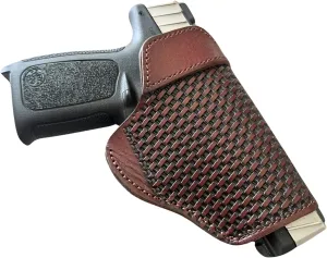 9mm Leather Pistol Belt Holster Basketweave Embossed Handcrafted OWB Concealed Carry Holder Custom Molded Pancake Design for Secure Fit & Quick Draw