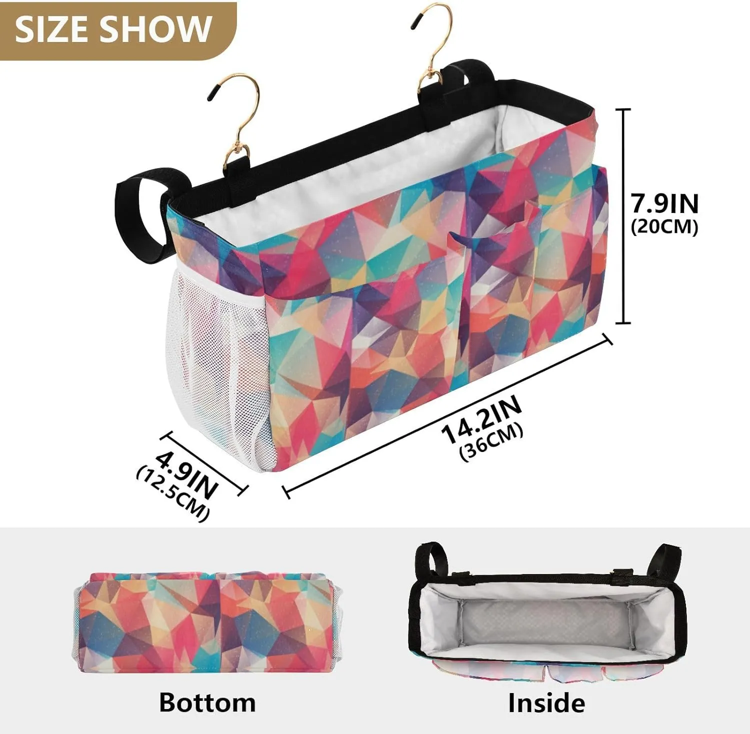 Abstract Seamless Triangles in Colorful Gradient Iron Frame Bedside Hanging Bag Magazine Holders Bedside Bag With Hooks for Dorm Bed Bunk Bed 14.2 x 4.9 x 7.9 inch