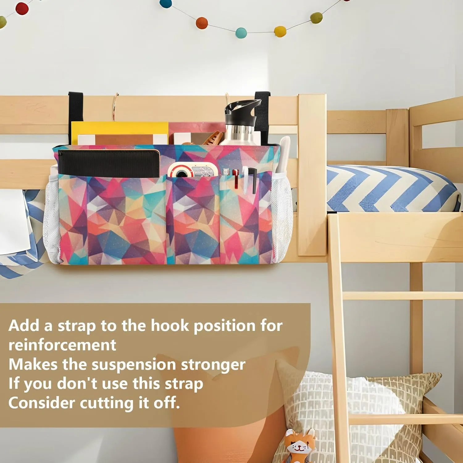 Abstract Seamless Triangles in Colorful Gradient Iron Frame Bedside Hanging Bag Magazine Holders Bedside Bag With Hooks for Dorm Bed Bunk Bed 14.2 x 4.9 x 7.9 inch
