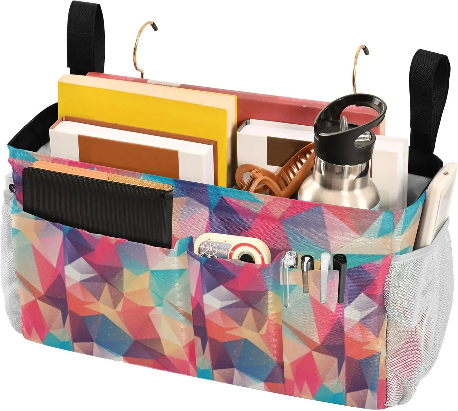 Abstract Seamless Triangles in Colorful Gradient Iron Frame Bedside Hanging Bag Magazine Holders Bedside Bag With Hooks for Dorm Bed Bunk Bed 14.2 x 4.9 x 7.9 inch